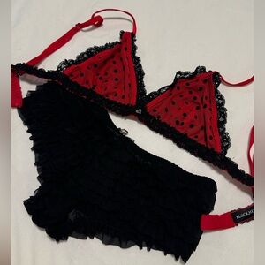 Red Black color Lingerie set: ruffle panties and polka dot bra S-M size